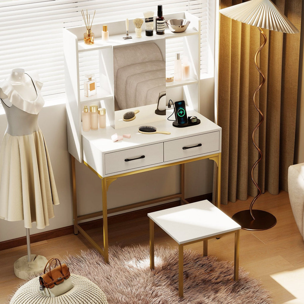 Vanity Desk with Storage Drawers and Charging Station-White