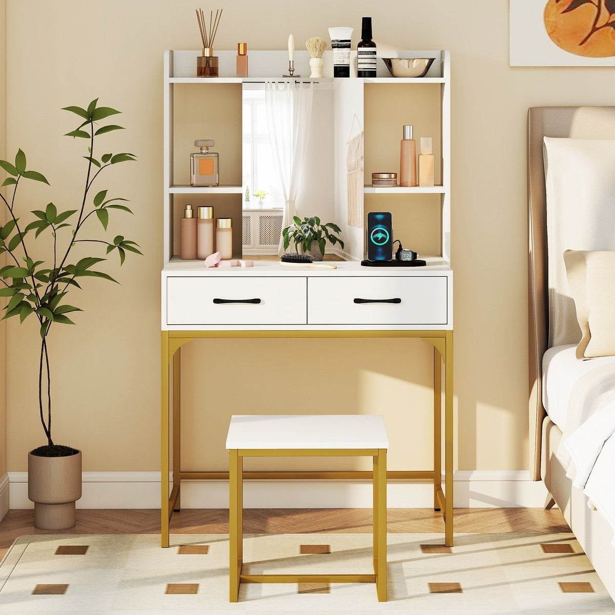 Vanity Desk with Storage Drawers and Charging Station-White