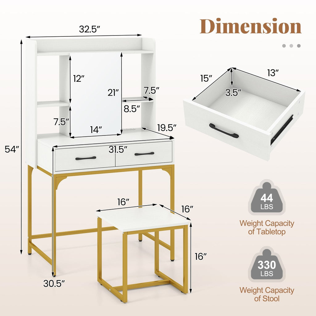 Vanity Desk with Storage Drawers and Charging Station-White