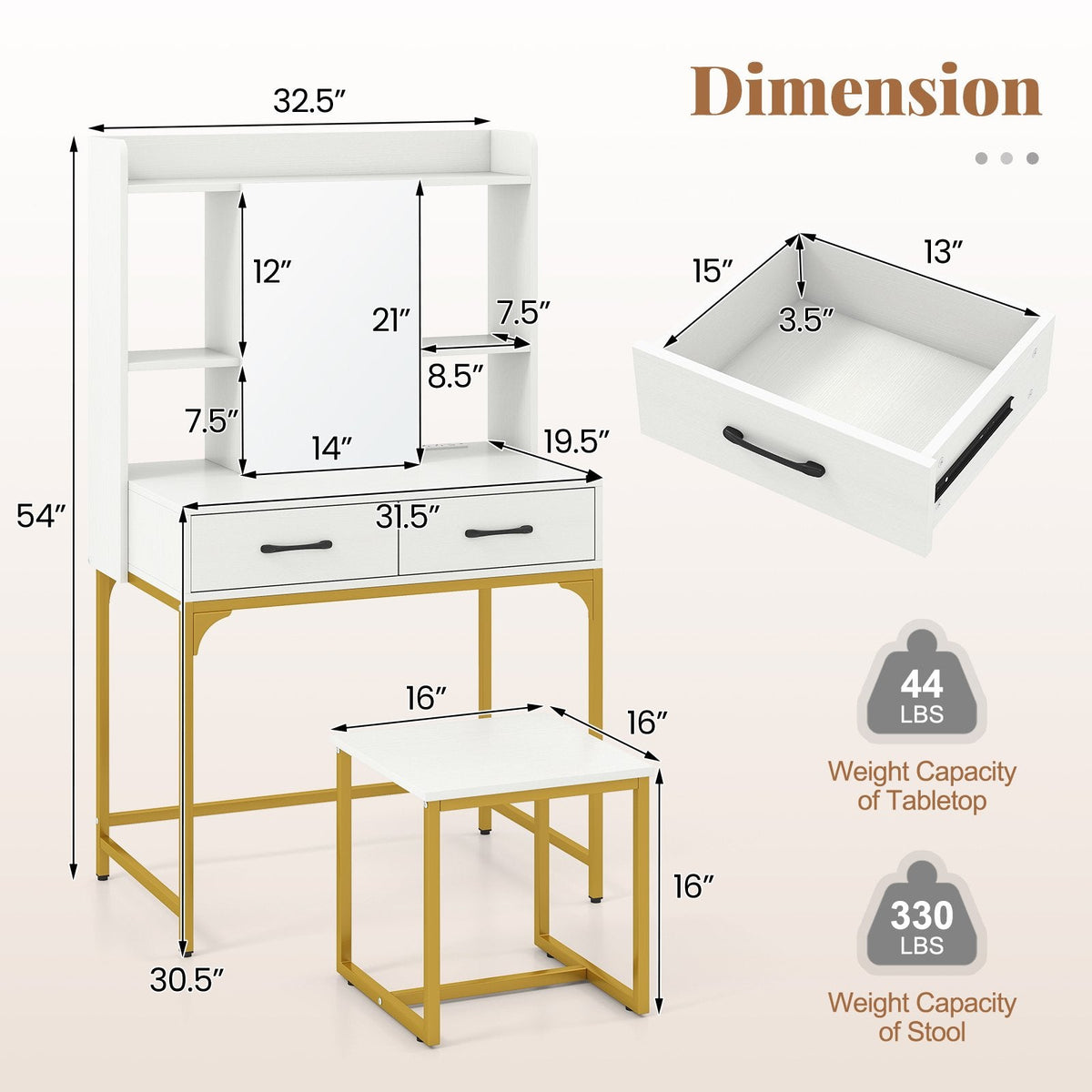 Vanity Desk with Storage Drawers and Charging Station-White