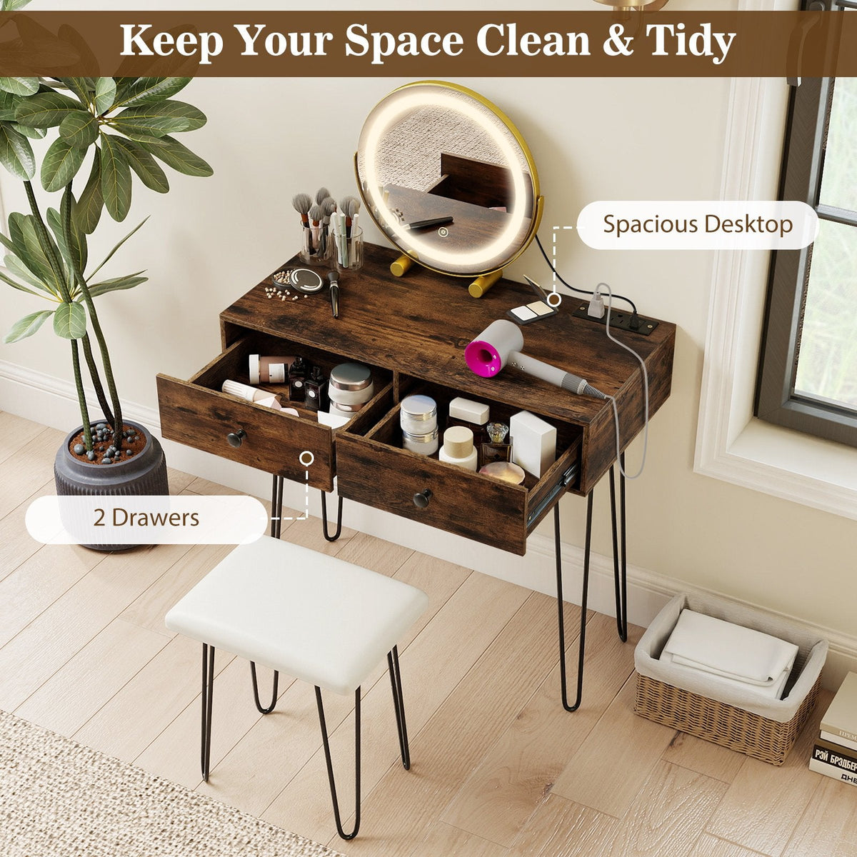 Vanity Desk with with Lighted Adjustable Mirror for Bedroom-Rustic Brown