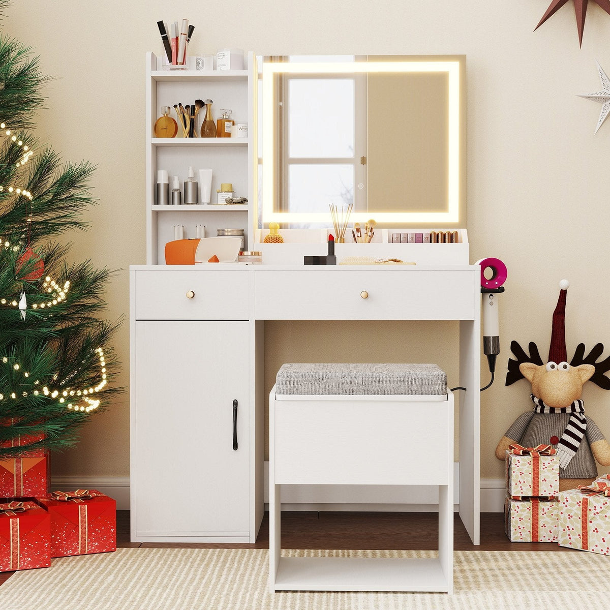 Vanity Dressing Table and Chair Set with Mirror and Lights-White