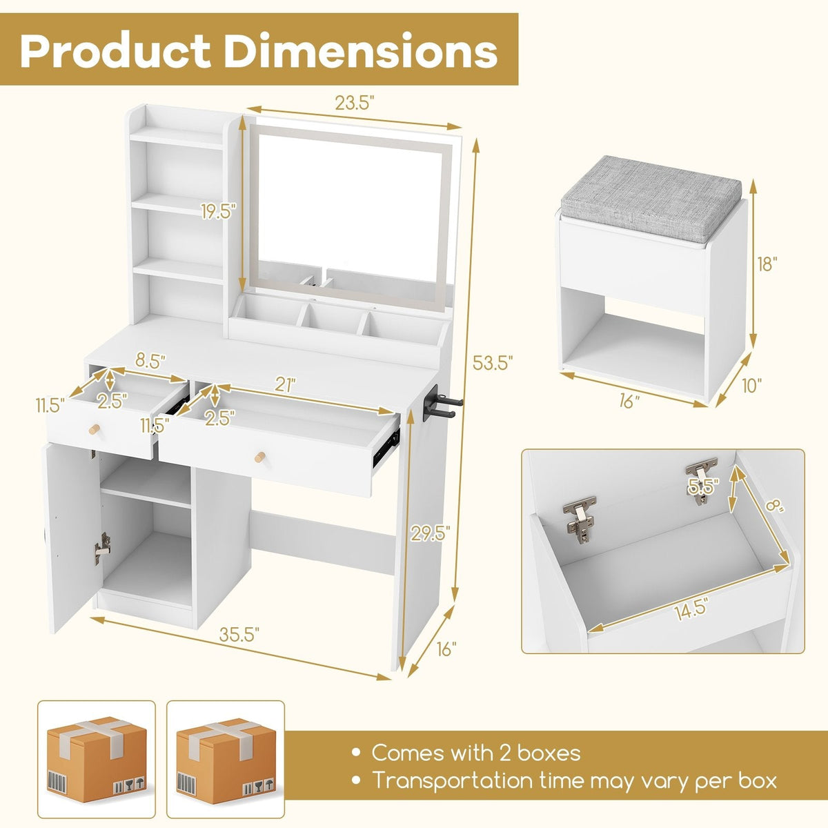 Vanity Dressing Table and Chair Set with Mirror and Lights-White
