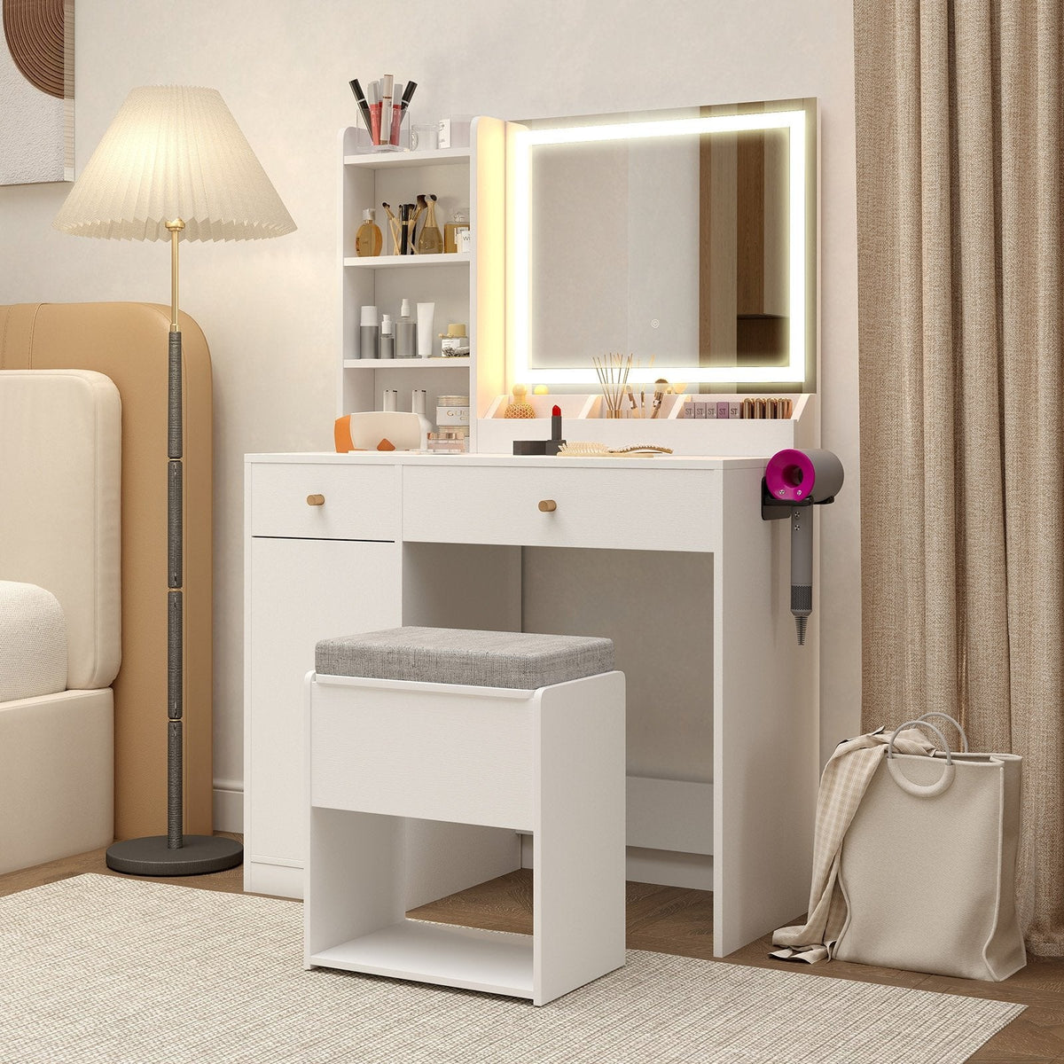 Vanity Dressing Table and Chair Set with Mirror and Lights-White