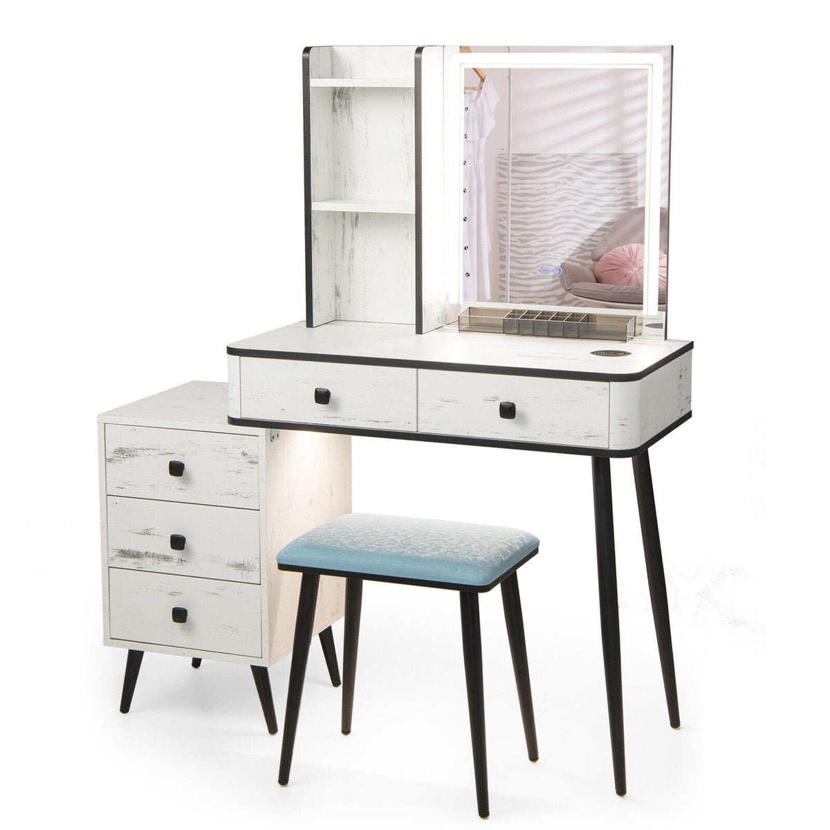 Vanity Makeup Table Set with Lighted Mirror-White