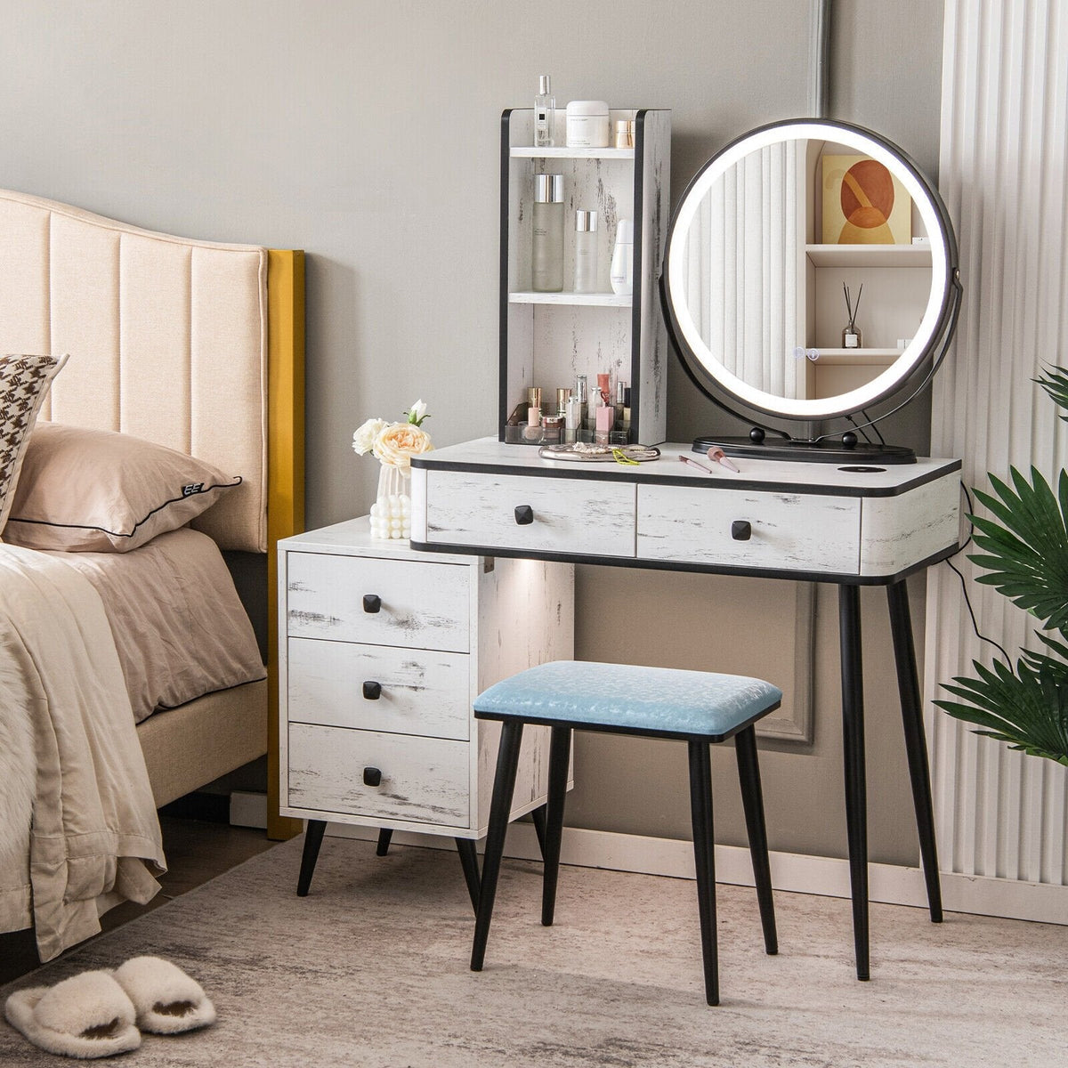 Vanity Table Set with 3-Color Lighted Mirror and Cushioned Stool-White