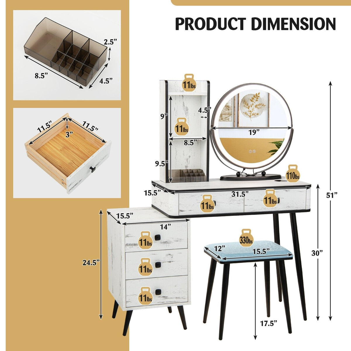 Vanity Table Set with 3-Color Lighted Mirror and Cushioned Stool-White