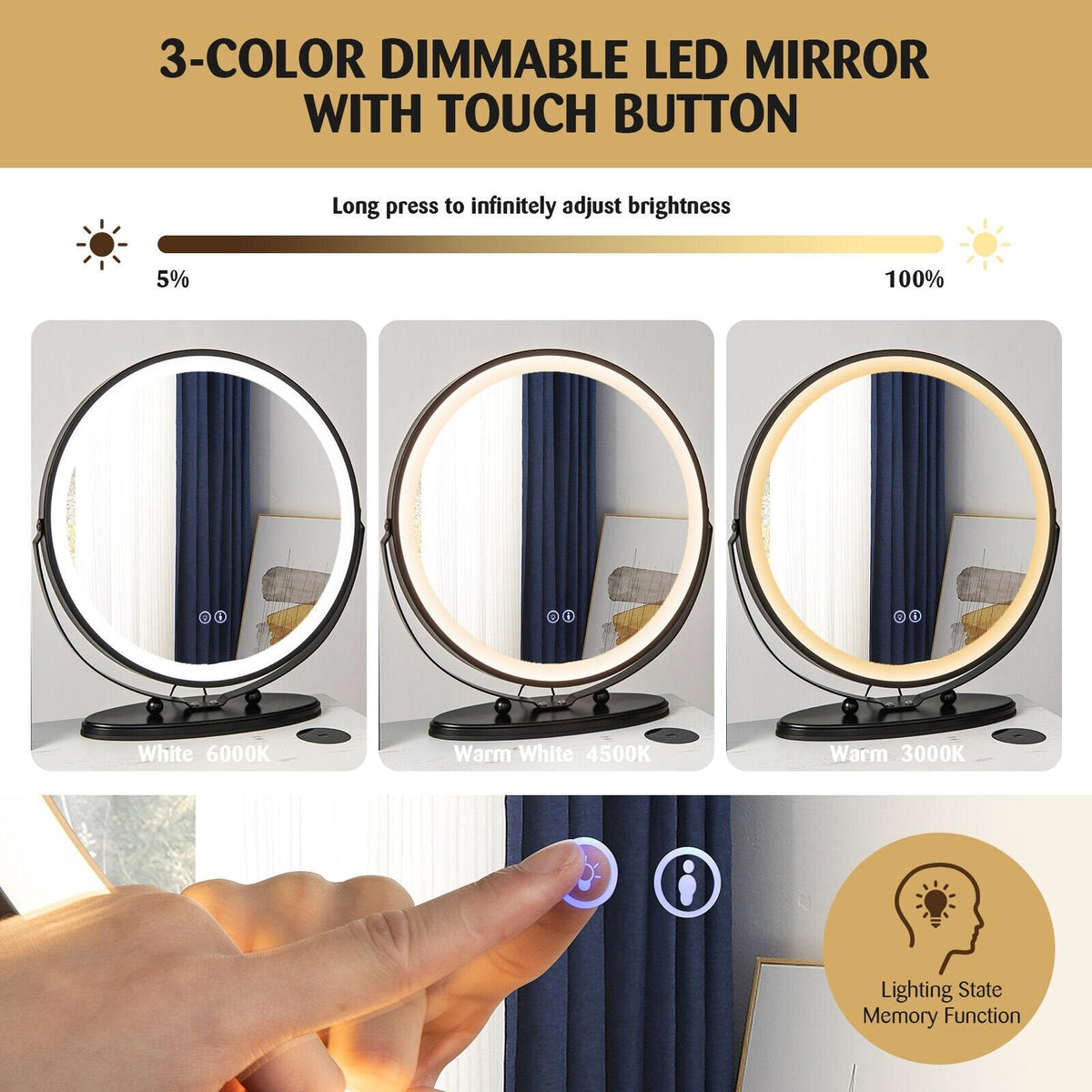 Vanity Table Set with 3-Color Lighted Mirror and Cushioned Stool-White