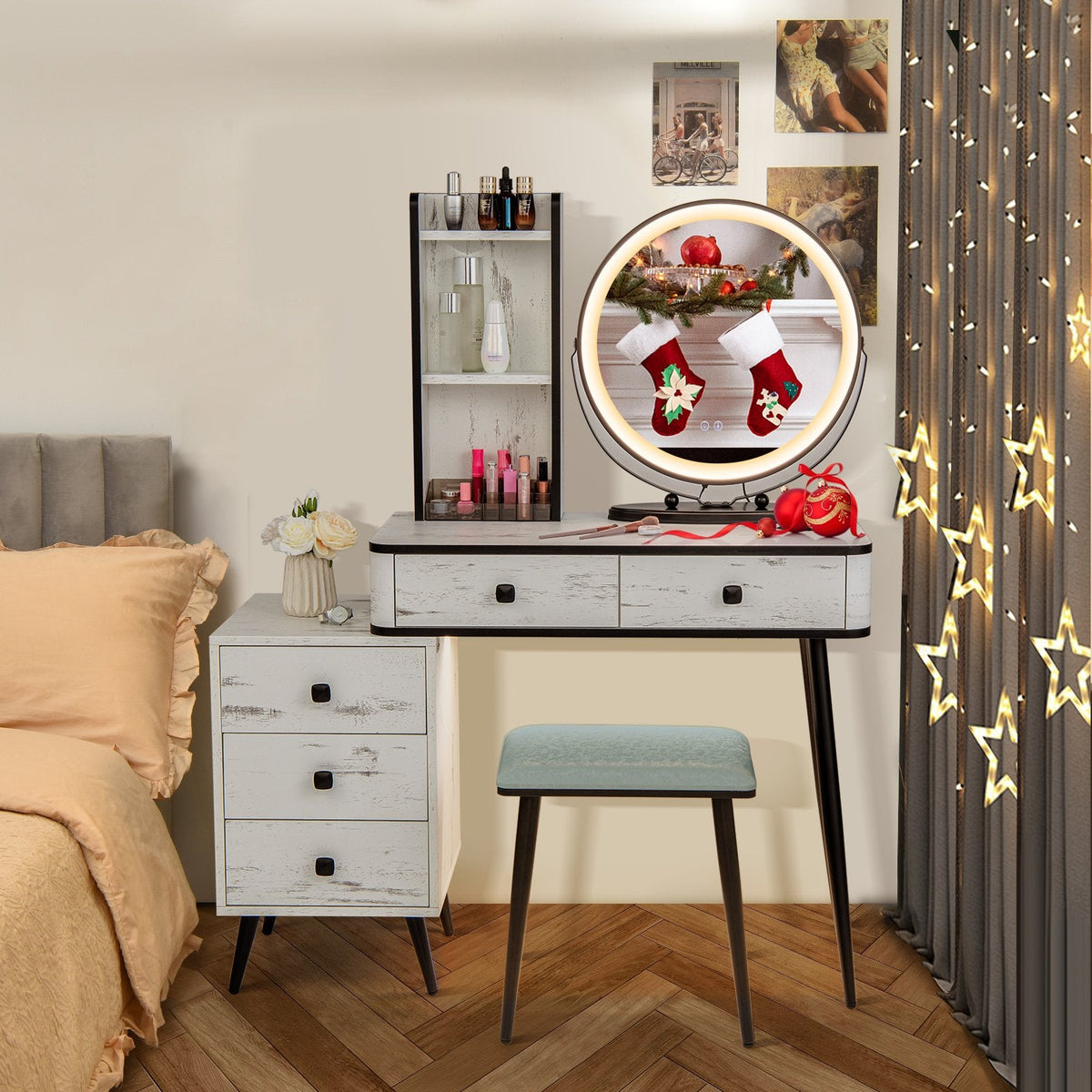 Vanity Table Set with 3-Color Lighted Mirror and Cushioned Stool-White