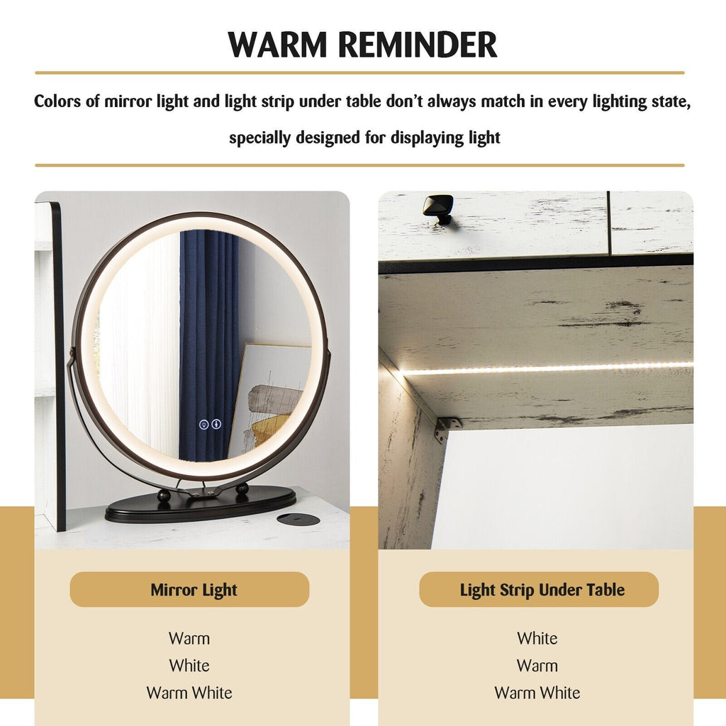 Vanity Table Set with 3-Color Lighted Mirror and Cushioned Stool-White