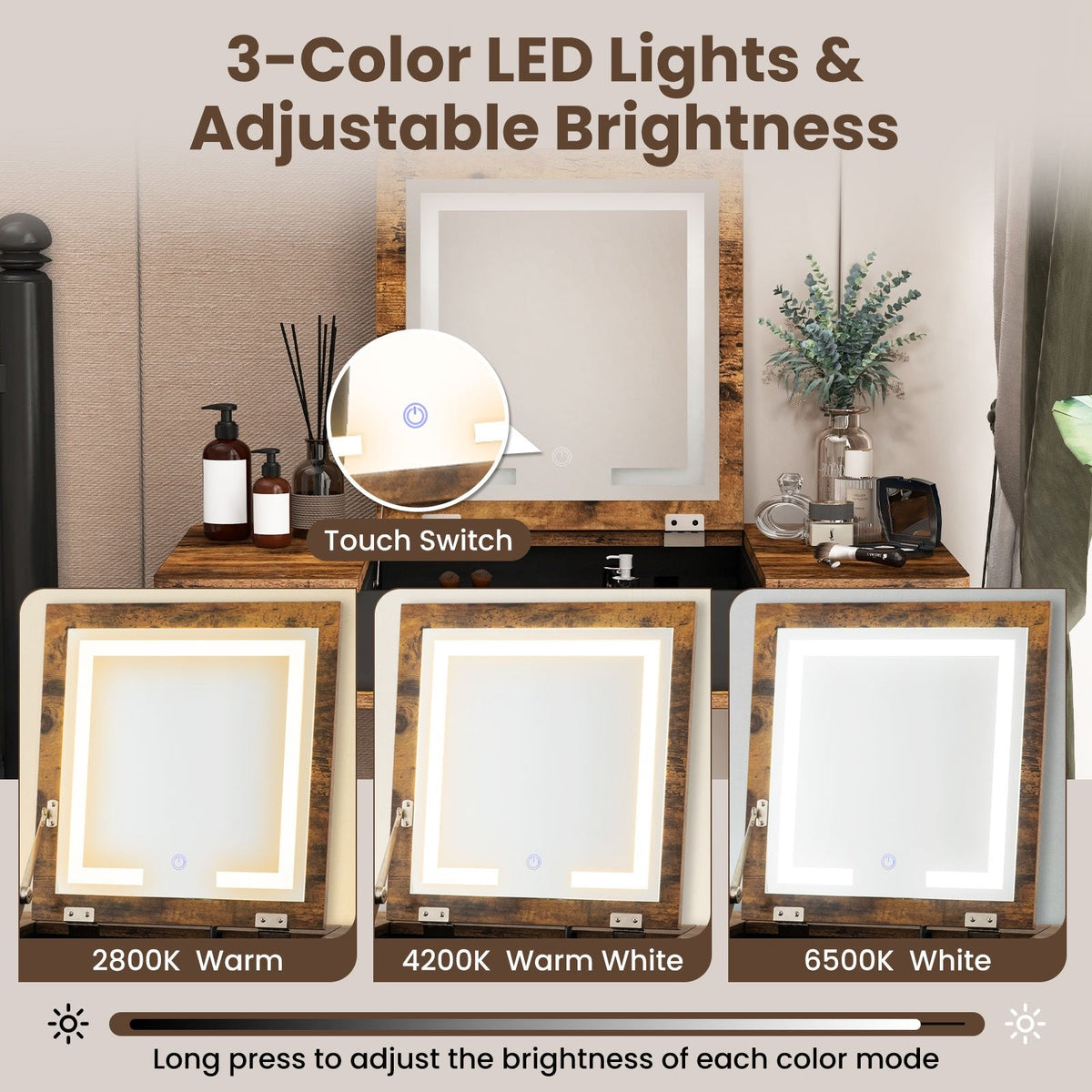 Vanity Table Set with Flip Top Mirror Lights USB Writing Desk and Stool-Brown