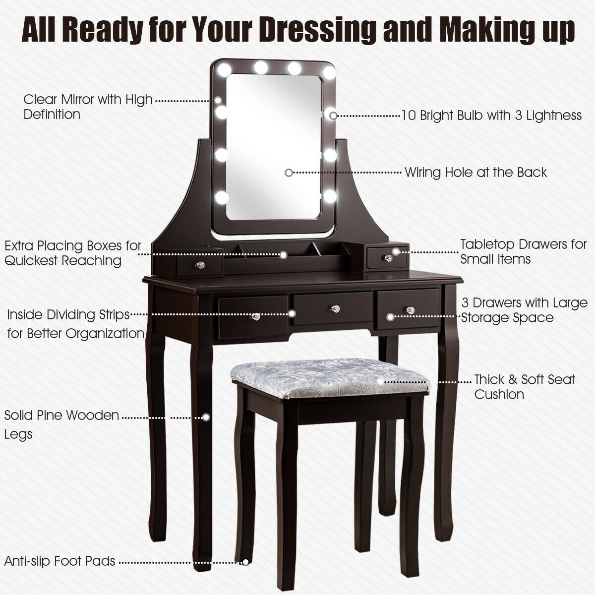 Vanity Dressing Table Set with 10 Dimmable Bulbs and Cushioned Stool-Brown