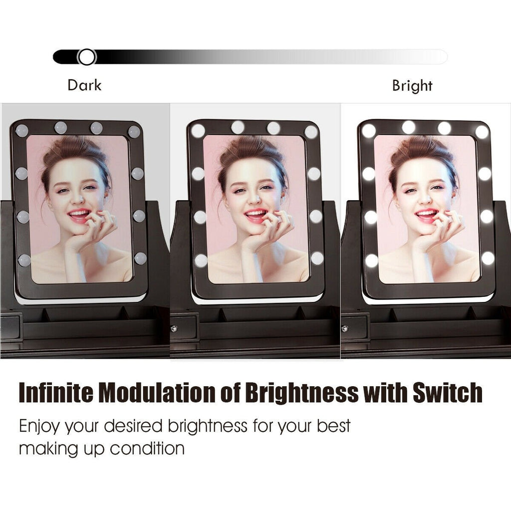 Vanity Dressing Table Set with 10 Dimmable Bulbs and Cushioned Stool-Brown