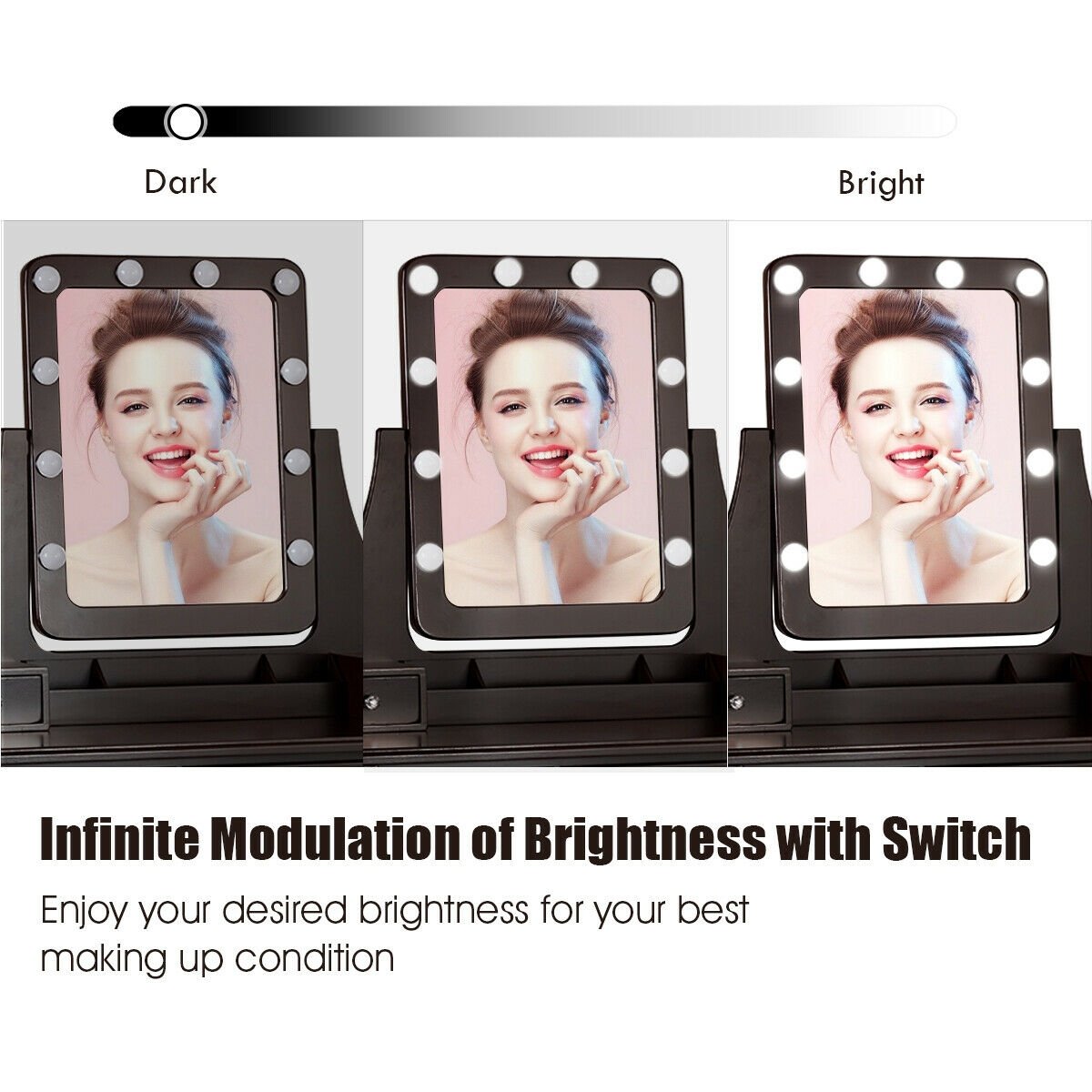 Vanity Dressing Table Set with 10 Dimmable Bulbs and Cushioned Stool-Brown