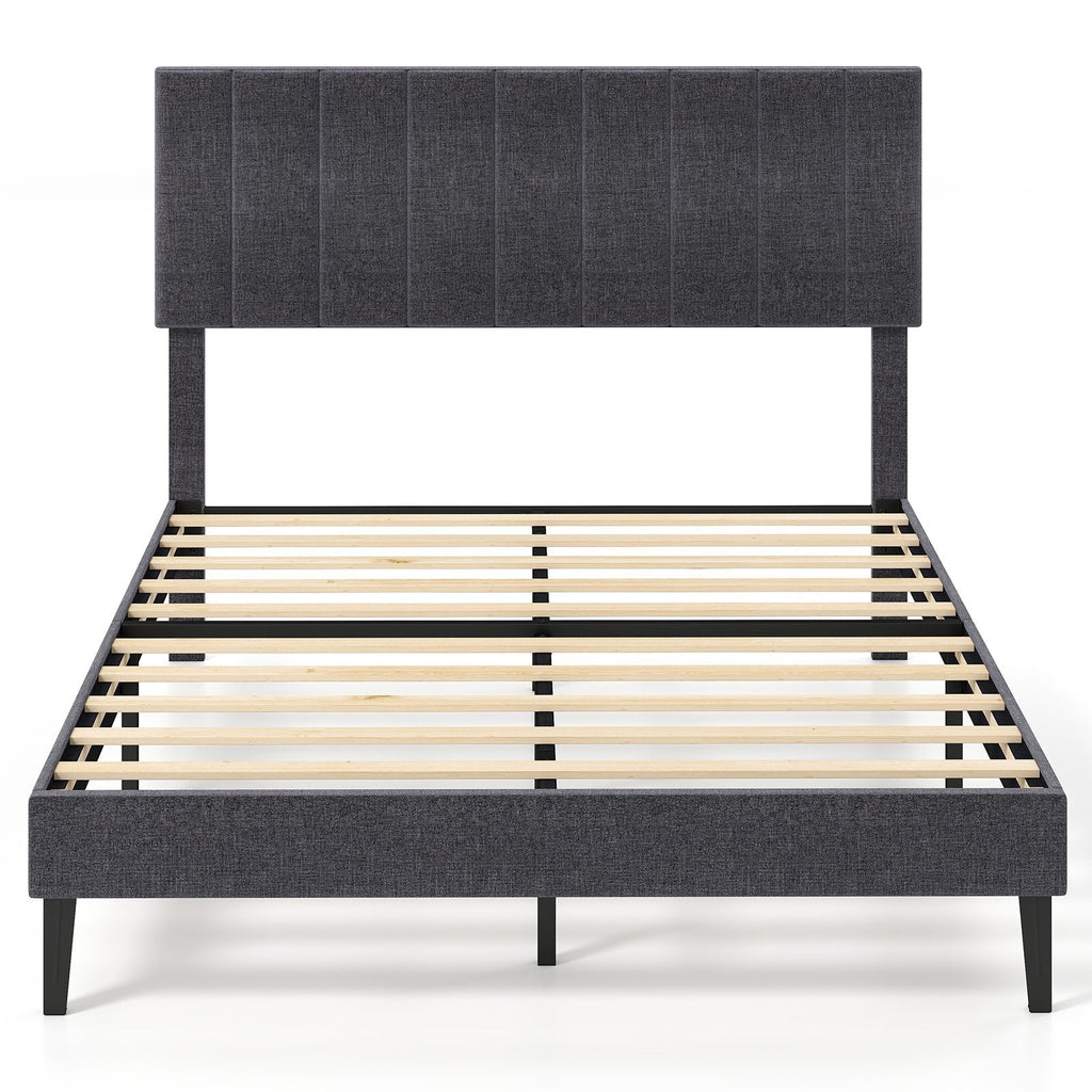 Velvet Upholstered Platform Bed with Height Adjustable Vertical Channel Headboard-Full Size