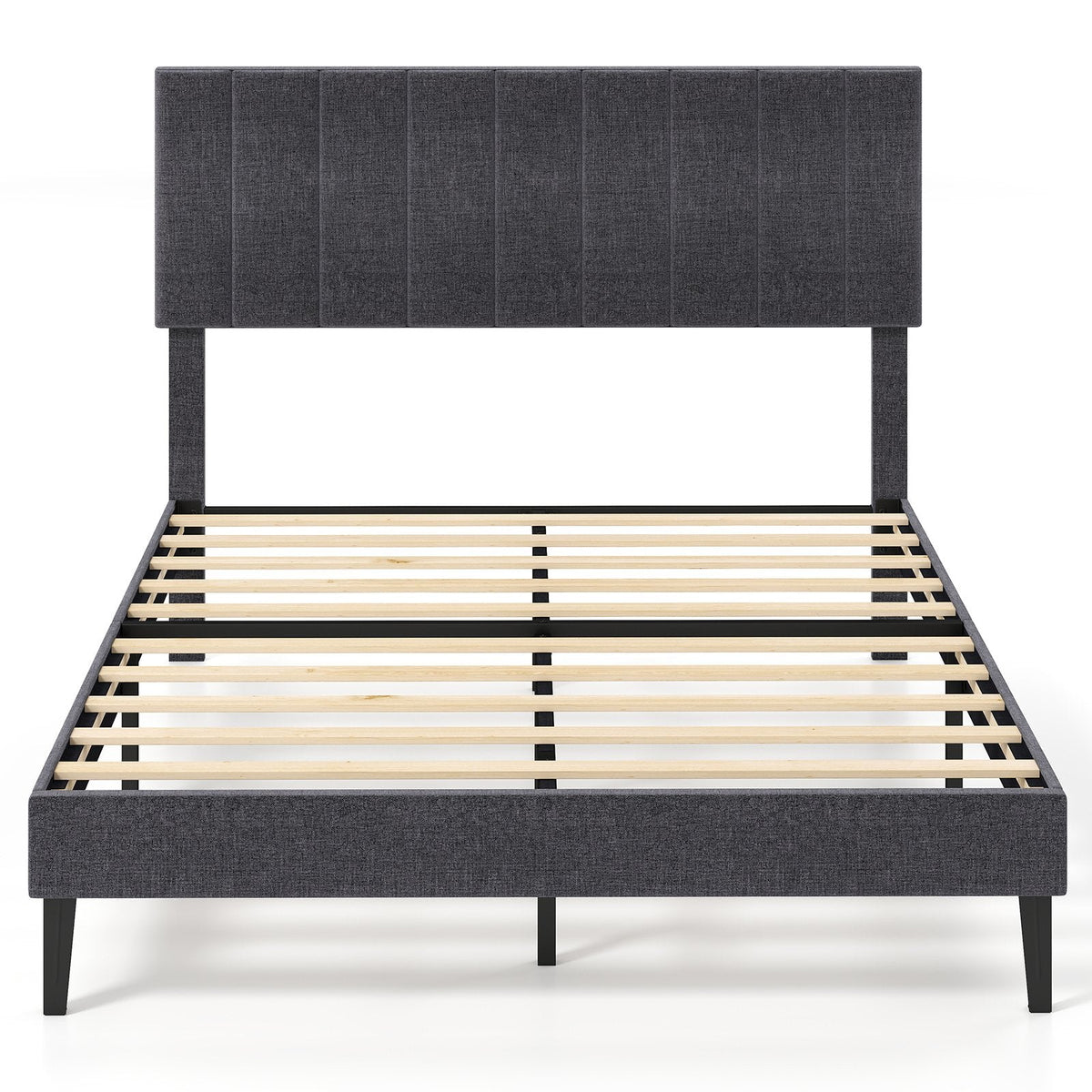 Velvet Upholstered Platform Bed with Height Adjustable Vertical Channel Headboard-Full Size