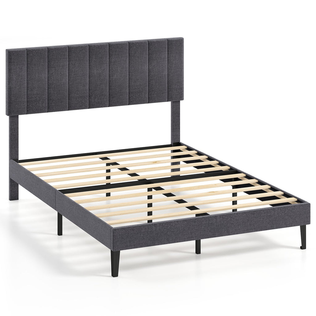 Velvet Upholstered Platform Bed with Height Adjustable Vertical Channel Headboard-Full Size