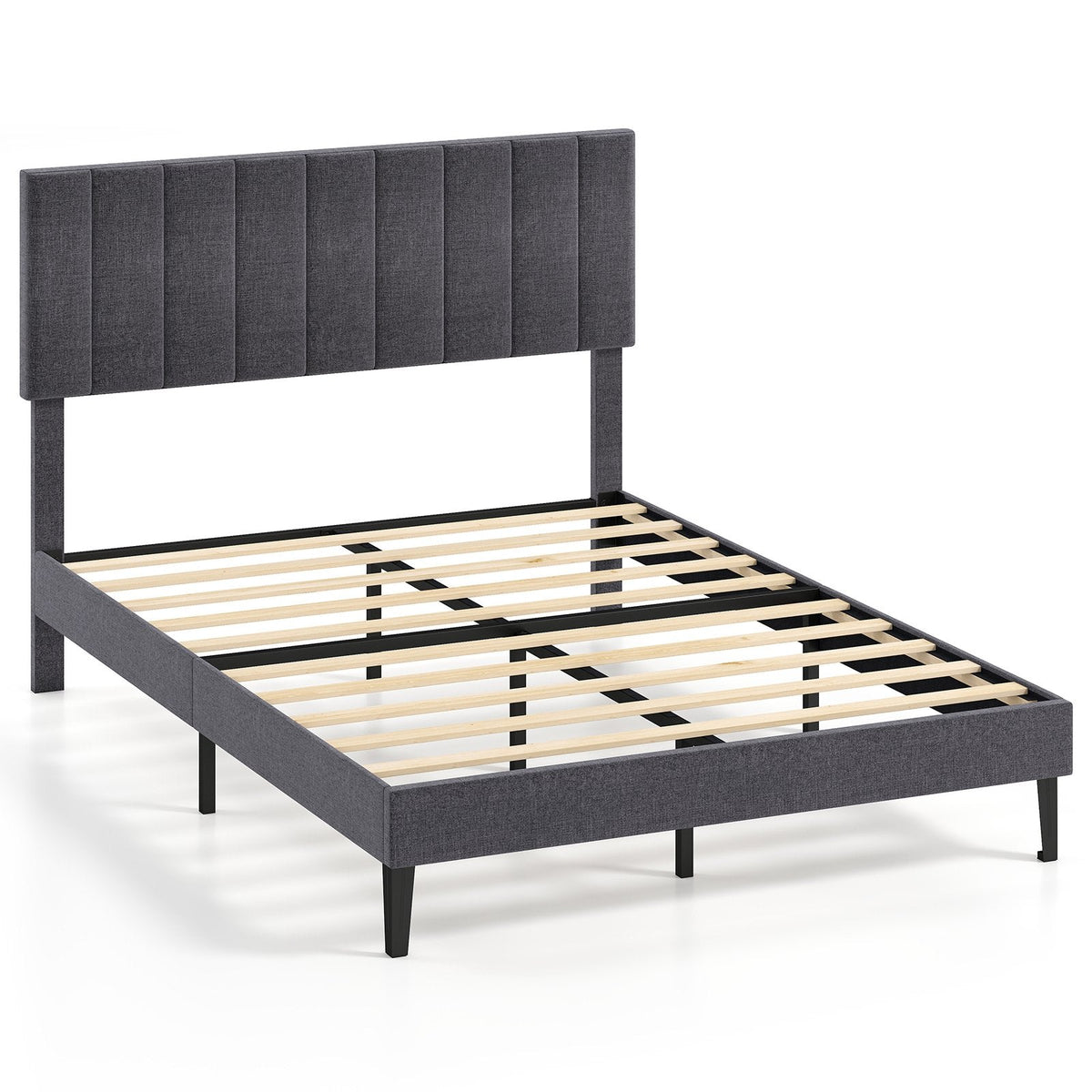 Velvet Upholstered Platform Bed with Height Adjustable Vertical Channel Headboard-Full Size