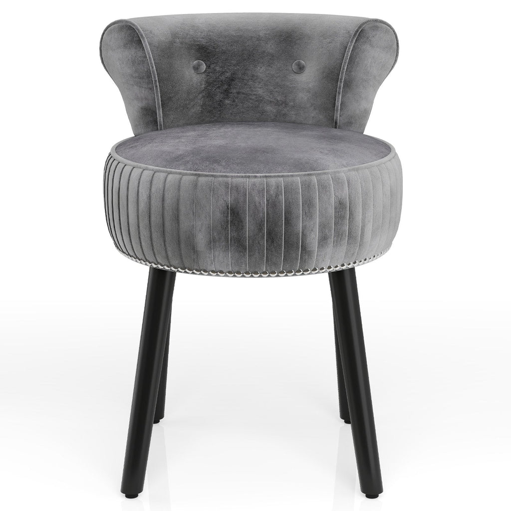 Velvet Vanity Chair with Back Upholstered Vanity Stool with Tufted Low Back and Solid Wood Legs-Gray