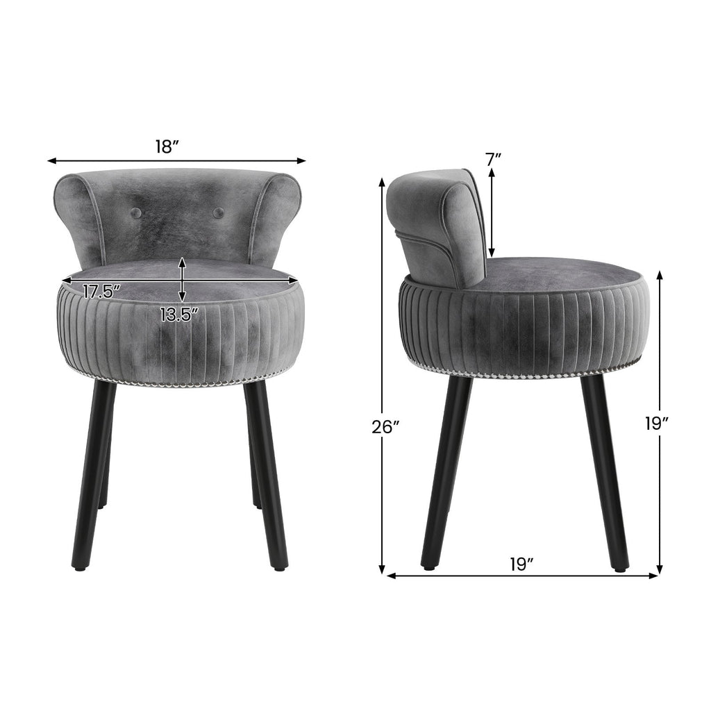 Velvet Vanity Chair with Back Upholstered Vanity Stool with Tufted Low Back and Solid Wood Legs-Gray