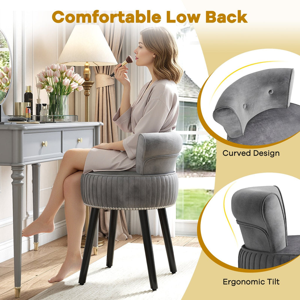 Velvet Vanity Chair with Back Upholstered Vanity Stool with Tufted Low Back and Solid Wood Legs-Gray