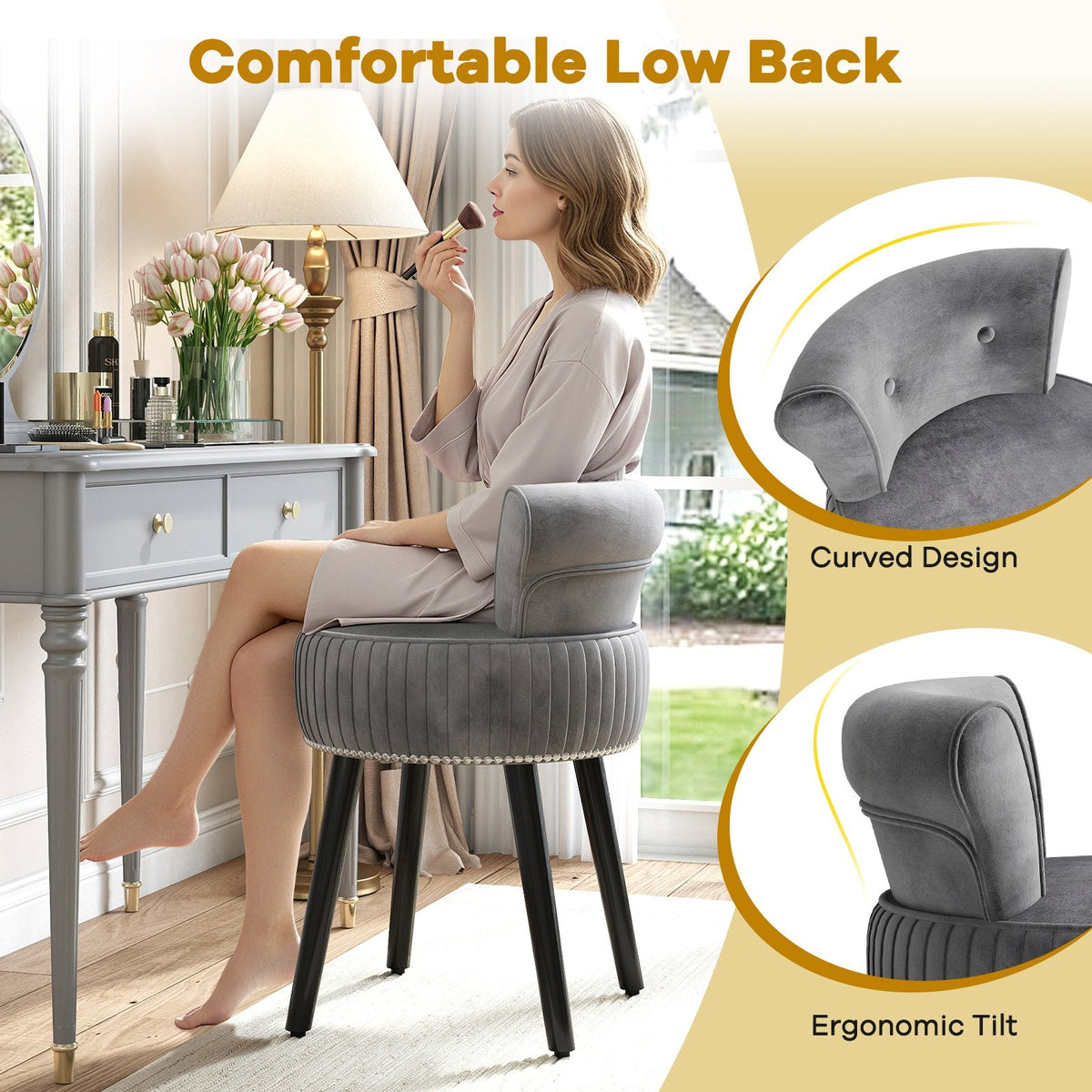 Velvet Vanity Chair with Back Upholstered Vanity Stool with Tufted Low Back and Solid Wood Legs-Gray