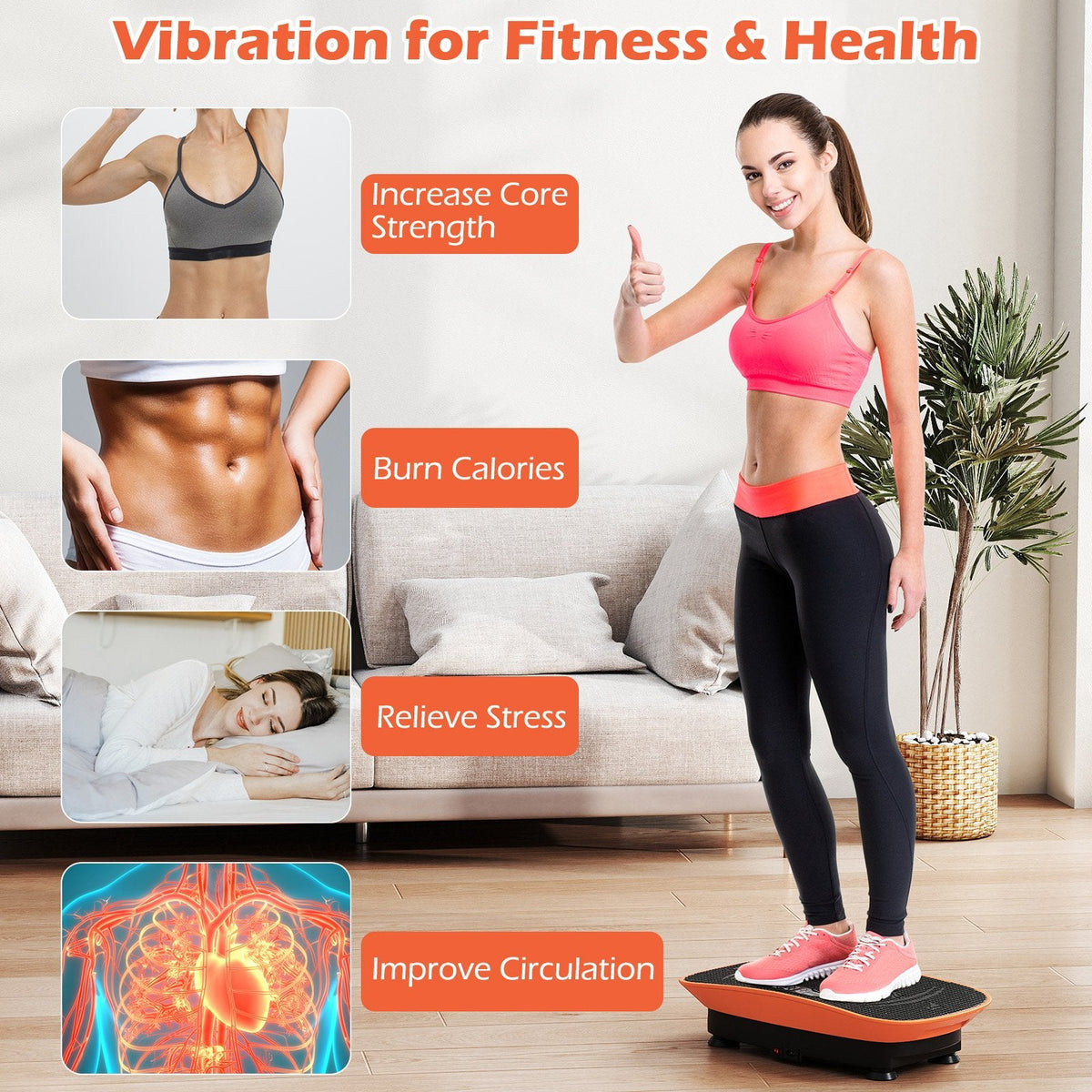 Vibration Plate Exercise Machine for Lymphatic Drainage and Weight Loss with 10 Speed Intensities-Orange
