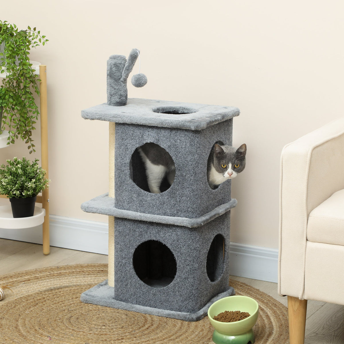 31.5" Cat Tree, Multi-Level Cat Tower with 2 Condos and Soft Plush Perches for 1-2 Cats, Grey