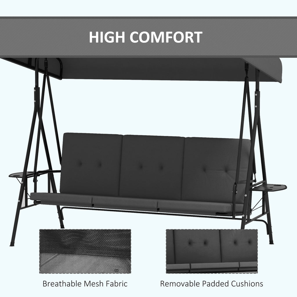3-Seat Outdoor Porch Swing Patio Swing with Adjustable Canopy, Side Tray, Removable Cushion for Garden, Poolside, Blue