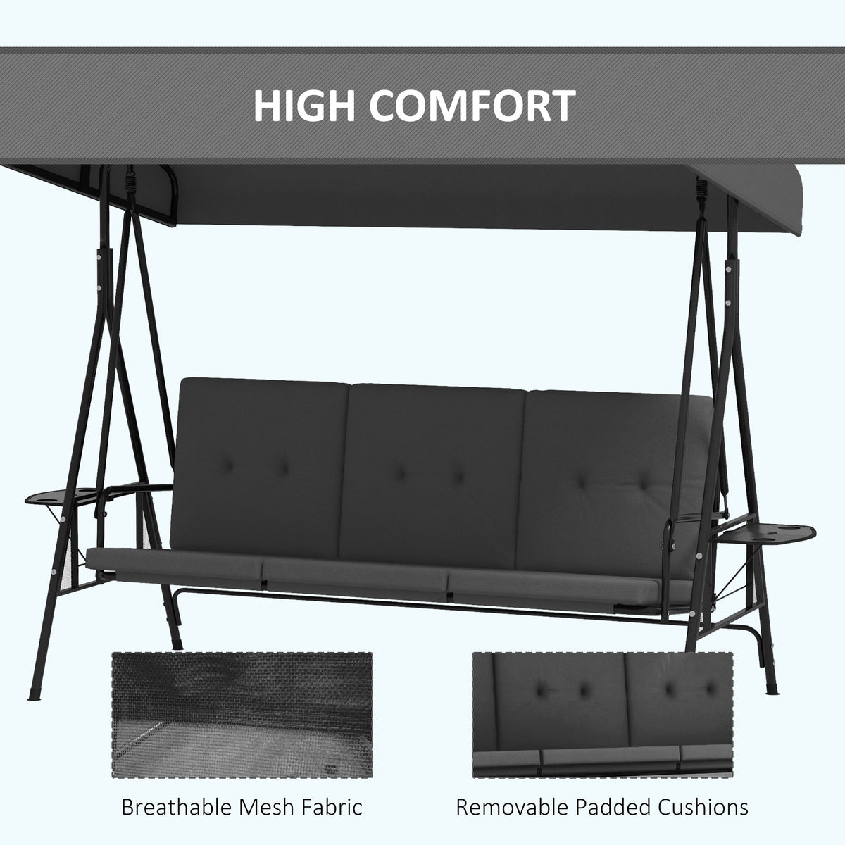 3-Seat Outdoor Porch Swing Patio Swing with Adjustable Canopy, Side Tray, Removable Cushion for Garden, Poolside, Blue