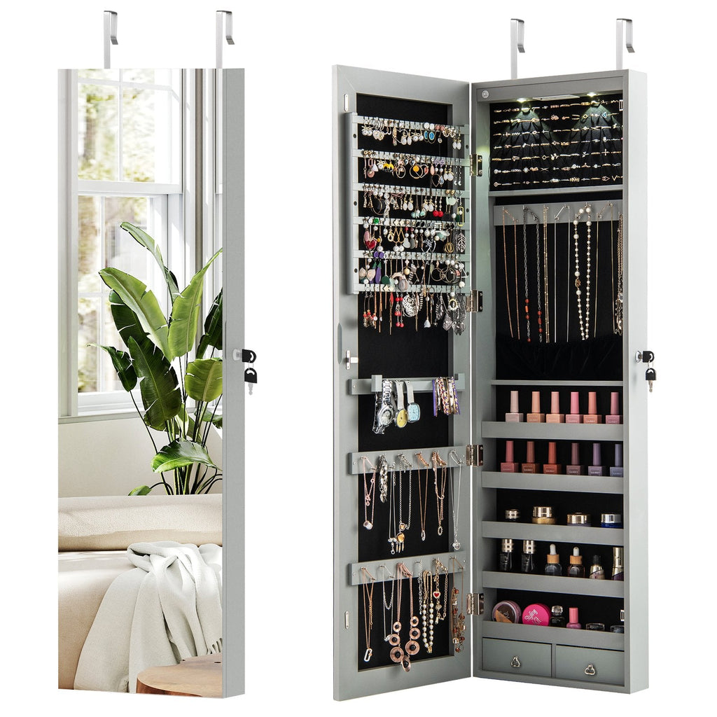 Wall and Door Mounted Mirrored Jewelry Cabinet with Lights-Gray