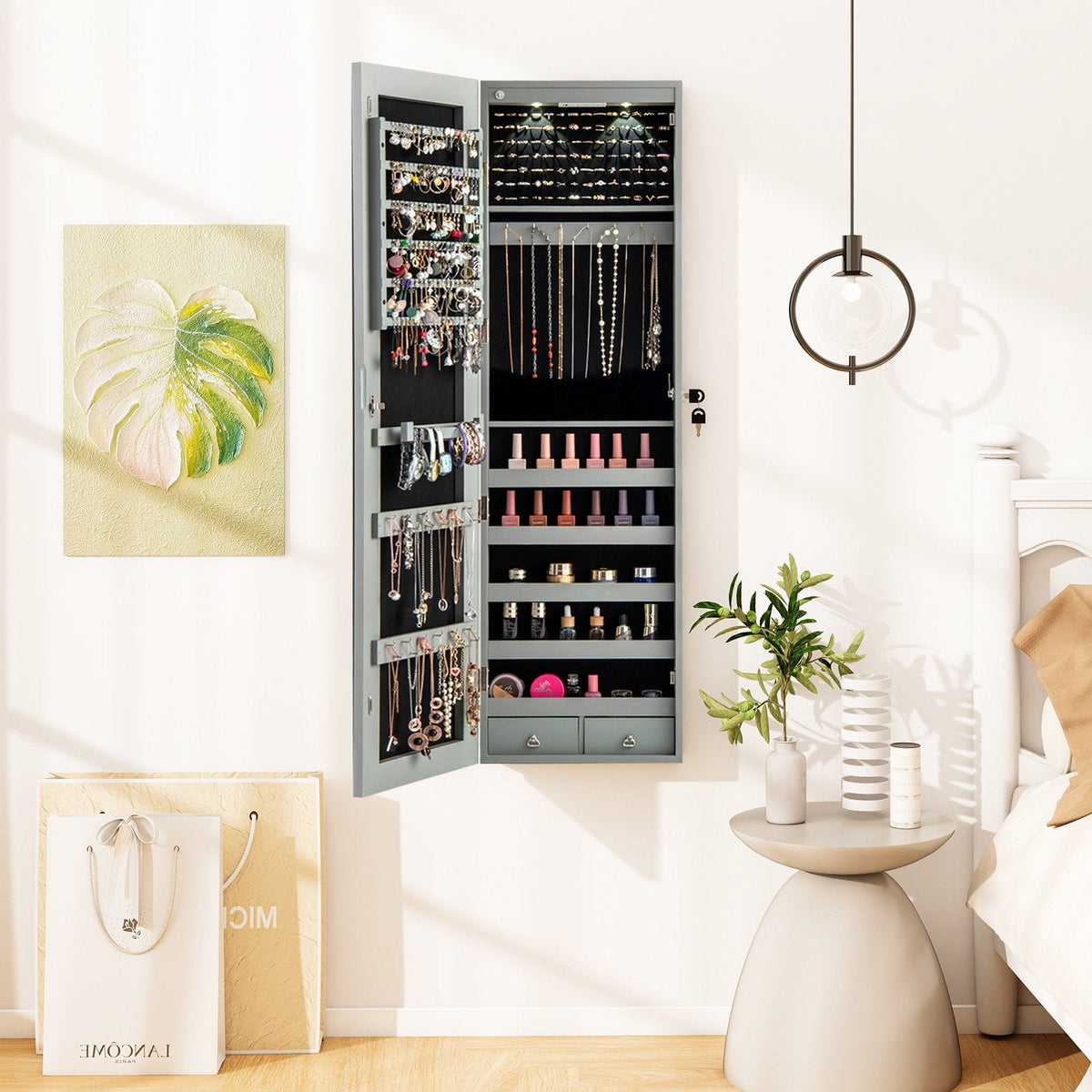 Wall and Door Mounted Mirrored Jewelry Cabinet with Lights-Gray