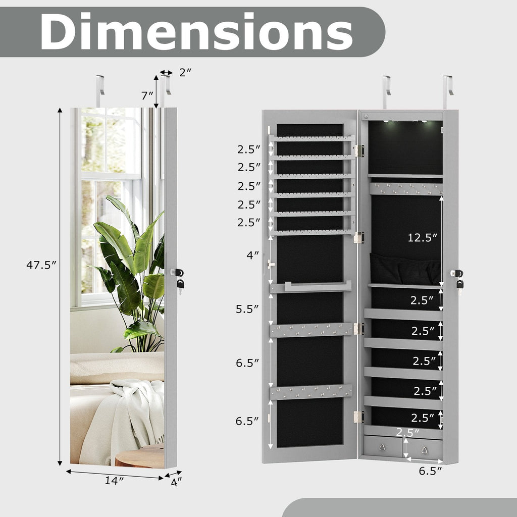 Wall and Door Mounted Mirrored Jewelry Cabinet with Lights-Gray