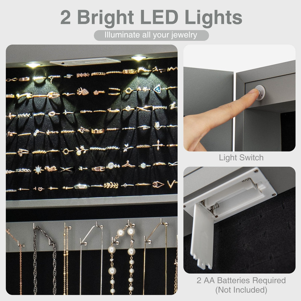Wall and Door Mounted Mirrored Jewelry Cabinet with Lights-Gray