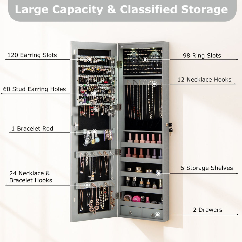 Wall and Door Mounted Mirrored Jewelry Cabinet with Lights-Gray