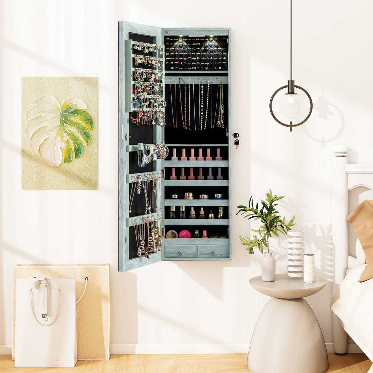 Wall and Door Mounted Mirrored Jewelry Cabinet with Lights-Navy