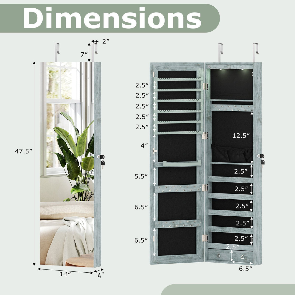 Wall and Door Mounted Mirrored Jewelry Cabinet with Lights-Navy