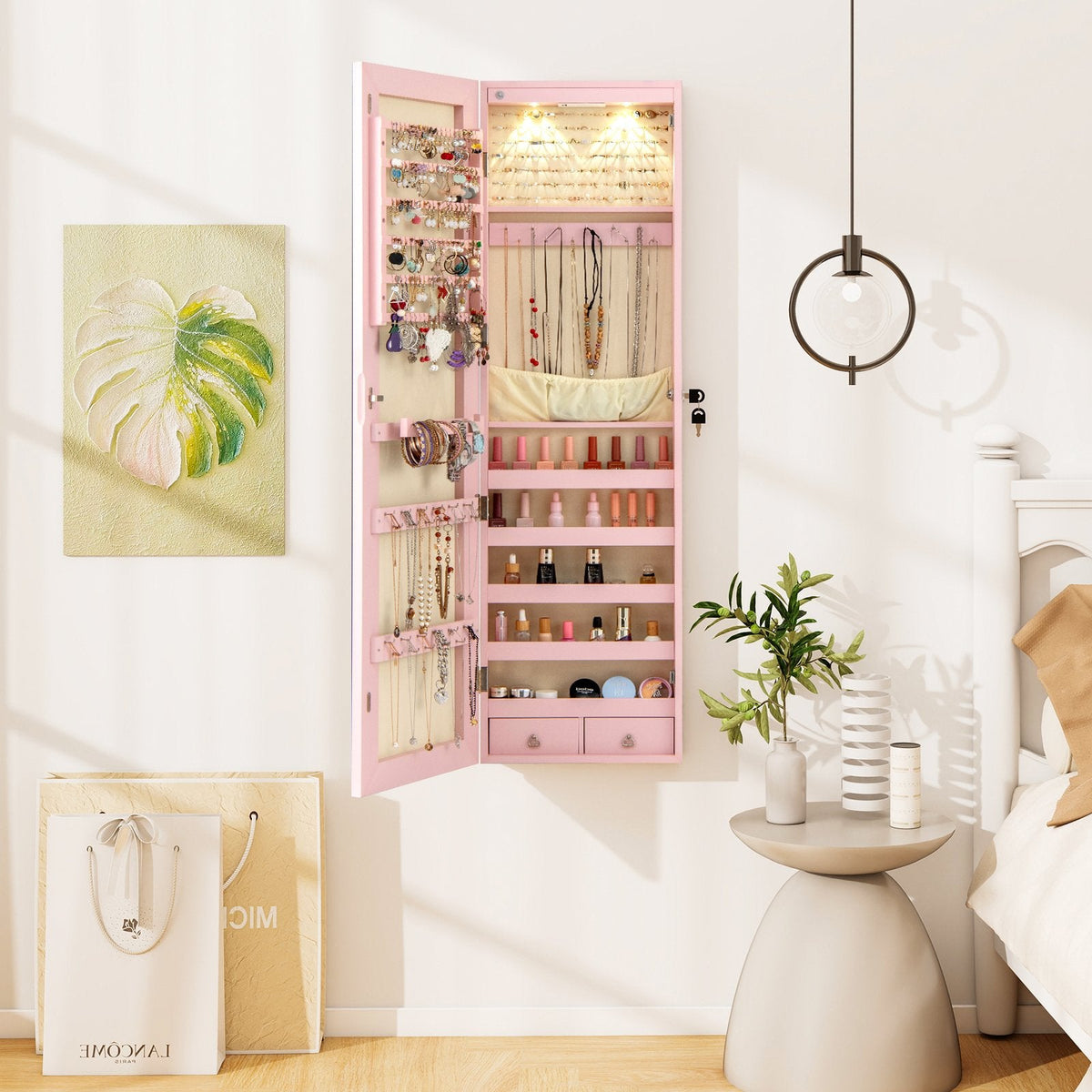Wall and Door Mounted Mirrored Jewelry Cabinet with Lights-Pink