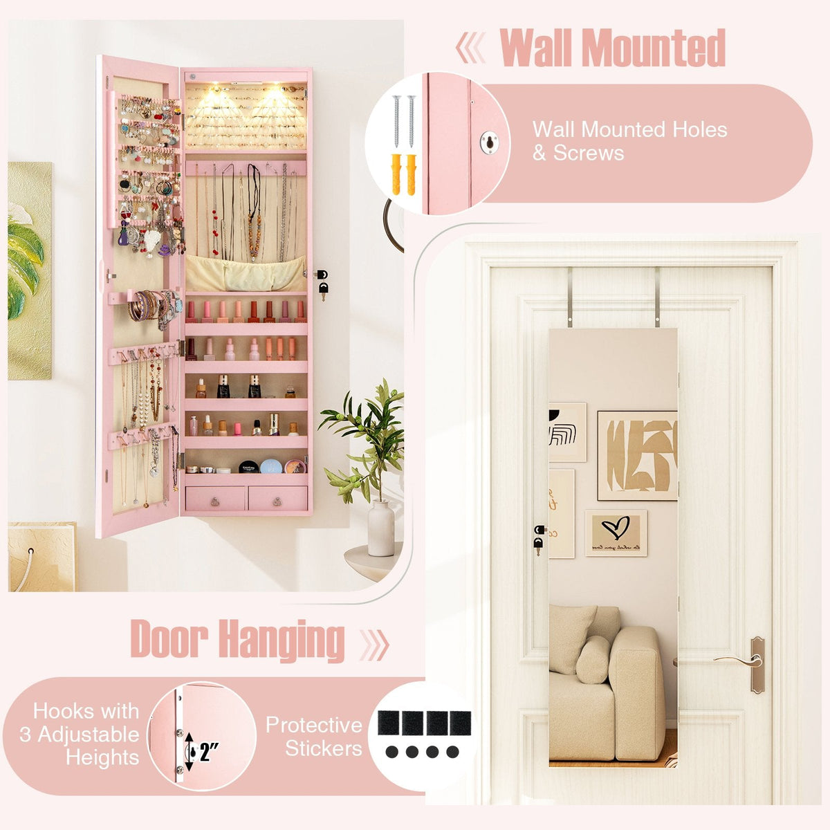 Wall and Door Mounted Mirrored Jewelry Cabinet with Lights-Pink