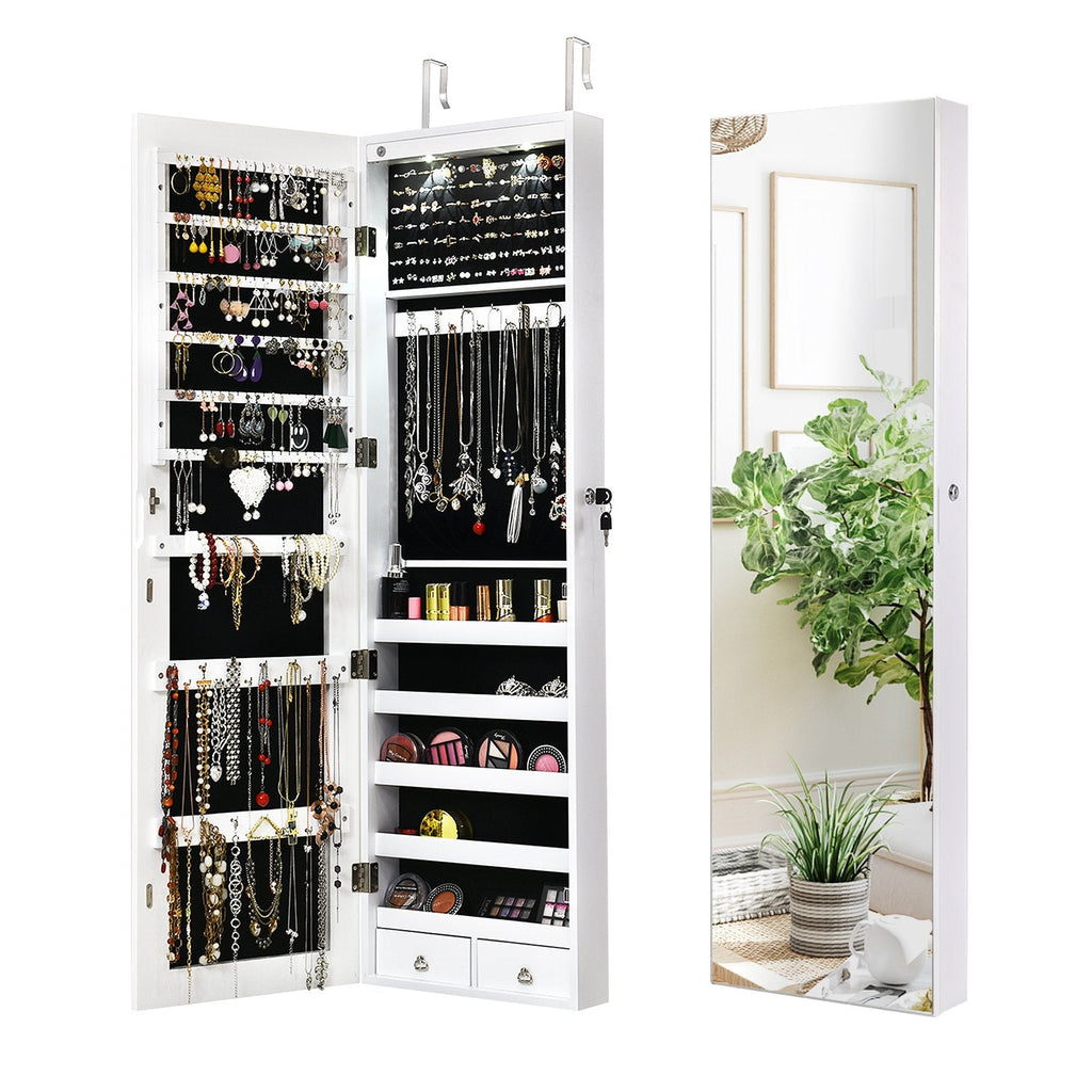 Wall and Door Mounted Mirrored Jewelry Cabinet With Lights-White