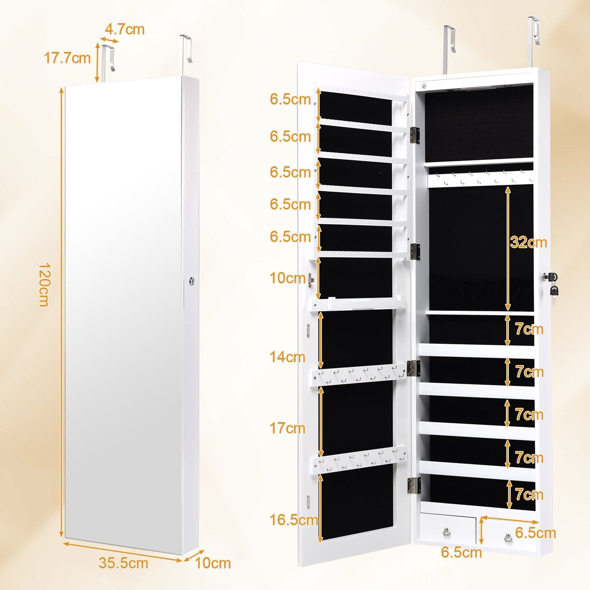 Wall and Door Mounted Mirrored Jewelry Cabinet With Lights-White