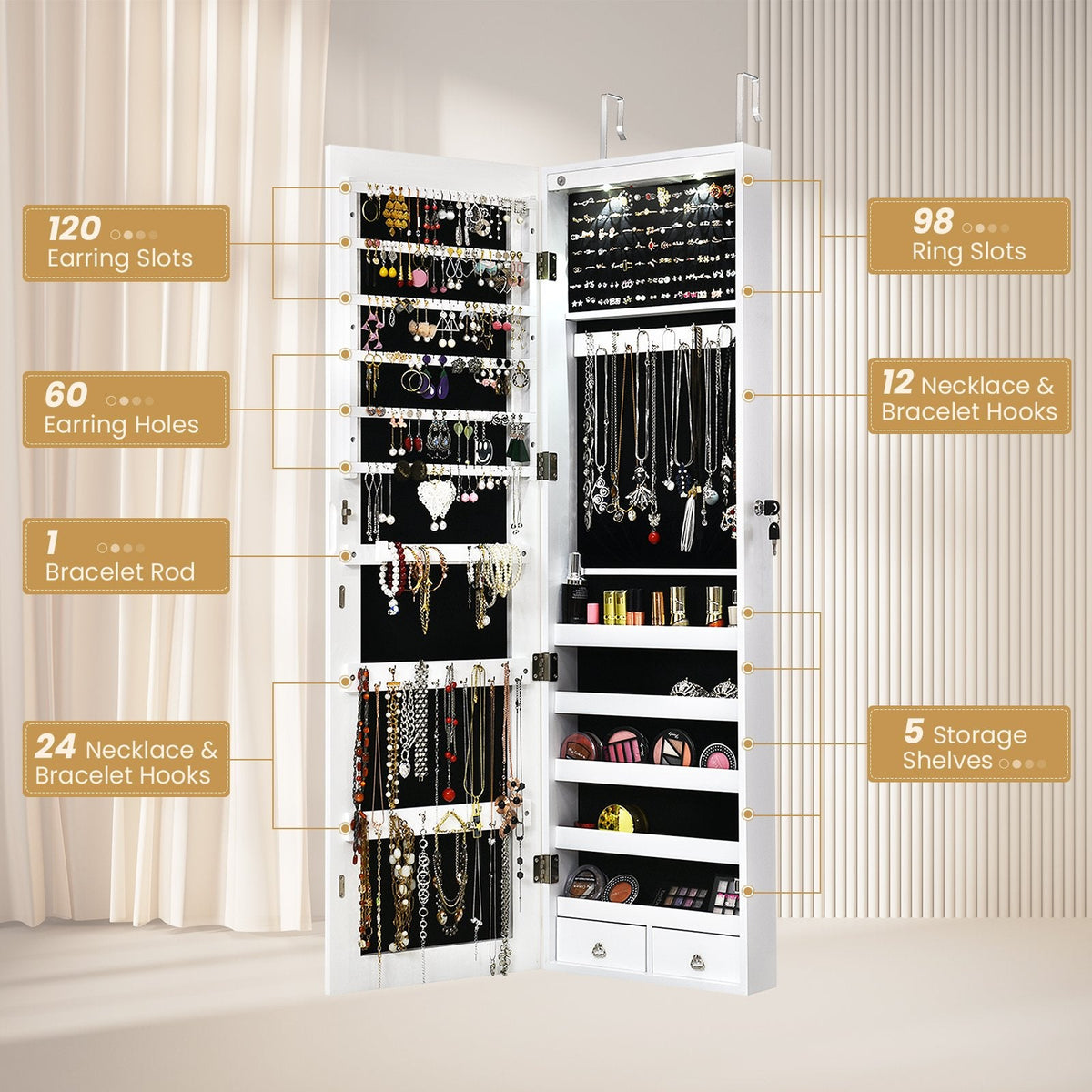 Wall and Door Mounted Mirrored Jewelry Cabinet With Lights-White