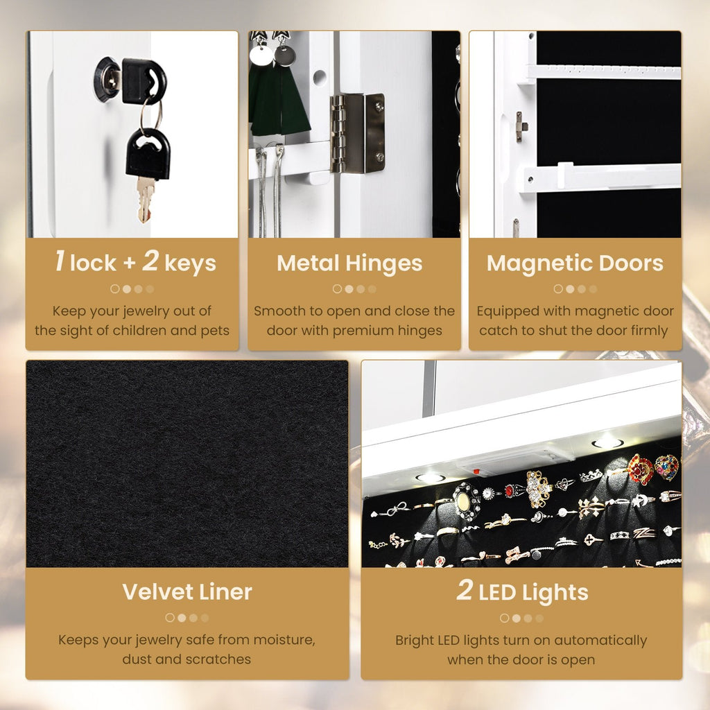 Wall and Door Mounted Mirrored Jewelry Cabinet With Lights-White