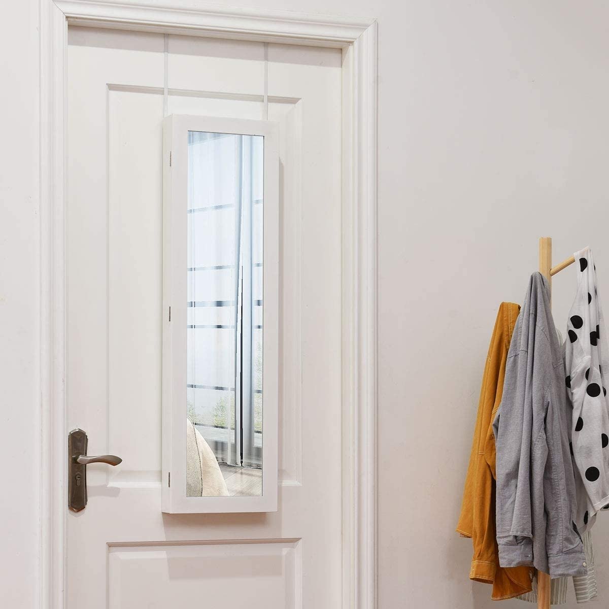 Wall Door Mounted Mirrored Jewelry Cabinet Storage Organizer-White