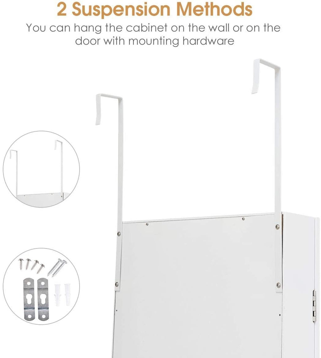 Wall Door Mounted Mirrored Jewelry Cabinet Storage Organizer-White