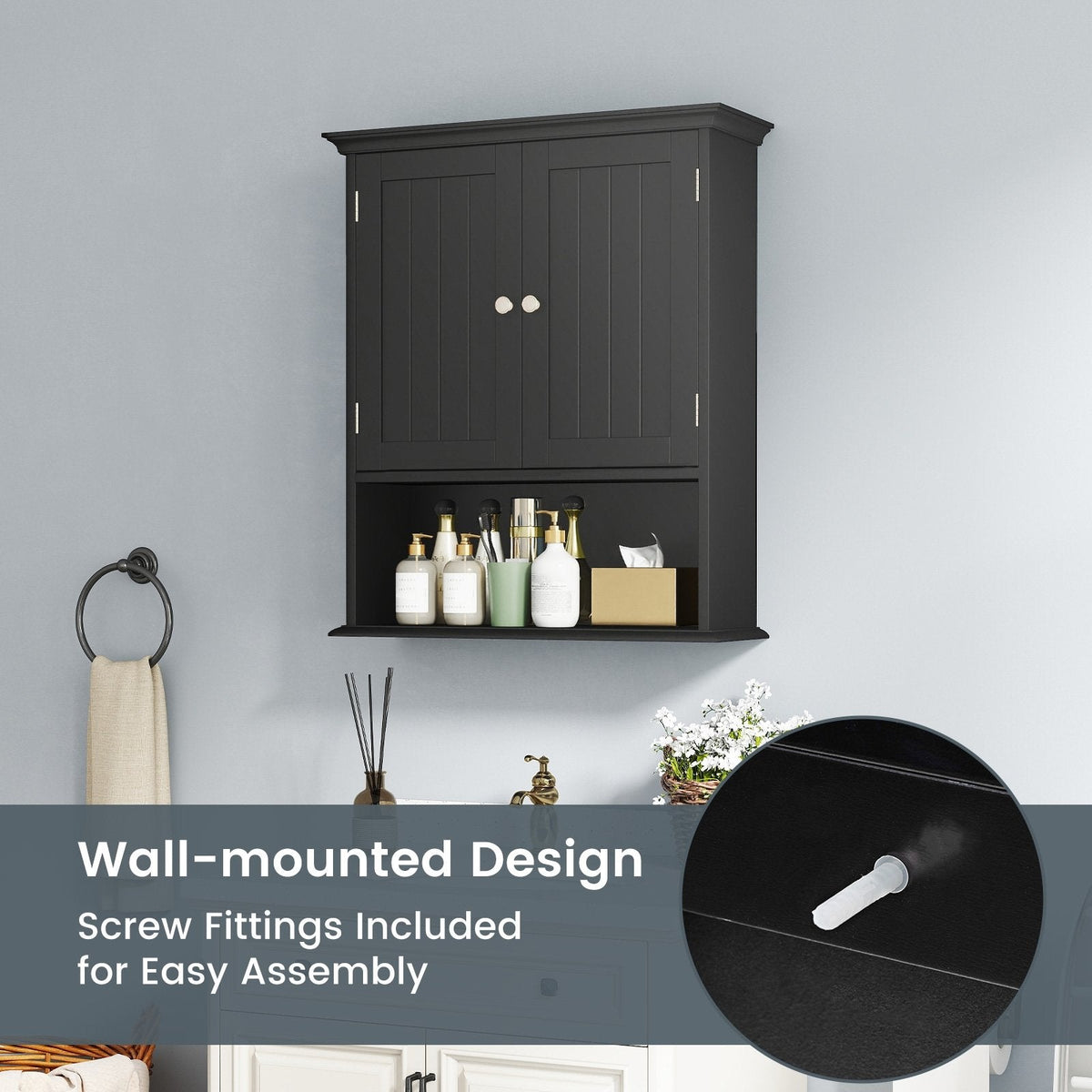 Wall Mount Bathroom Cabinet Storage Organizer with Doors and Shelves-Black