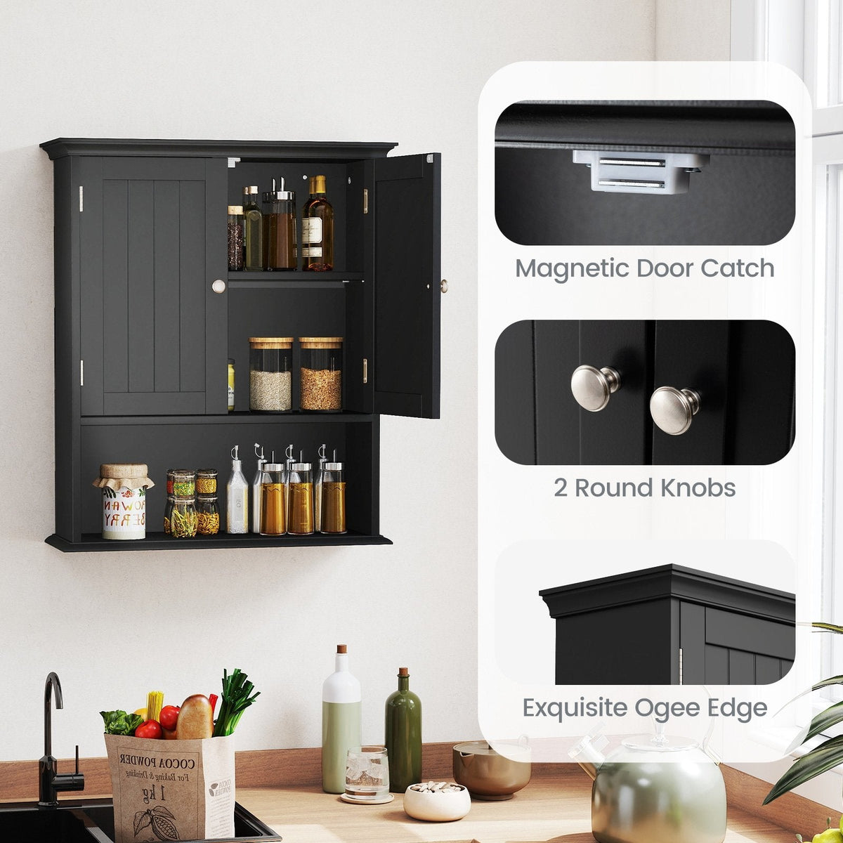 Wall Mount Bathroom Cabinet Storage Organizer with Doors and Shelves-Black