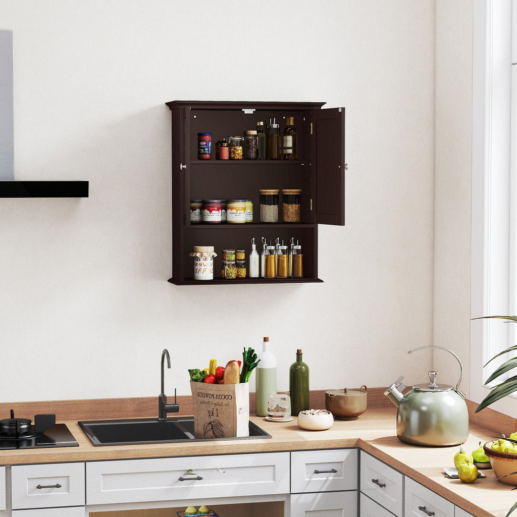 Wall Mount Bathroom Cabinet Storage Organizer with Doors and Shelves-Brown