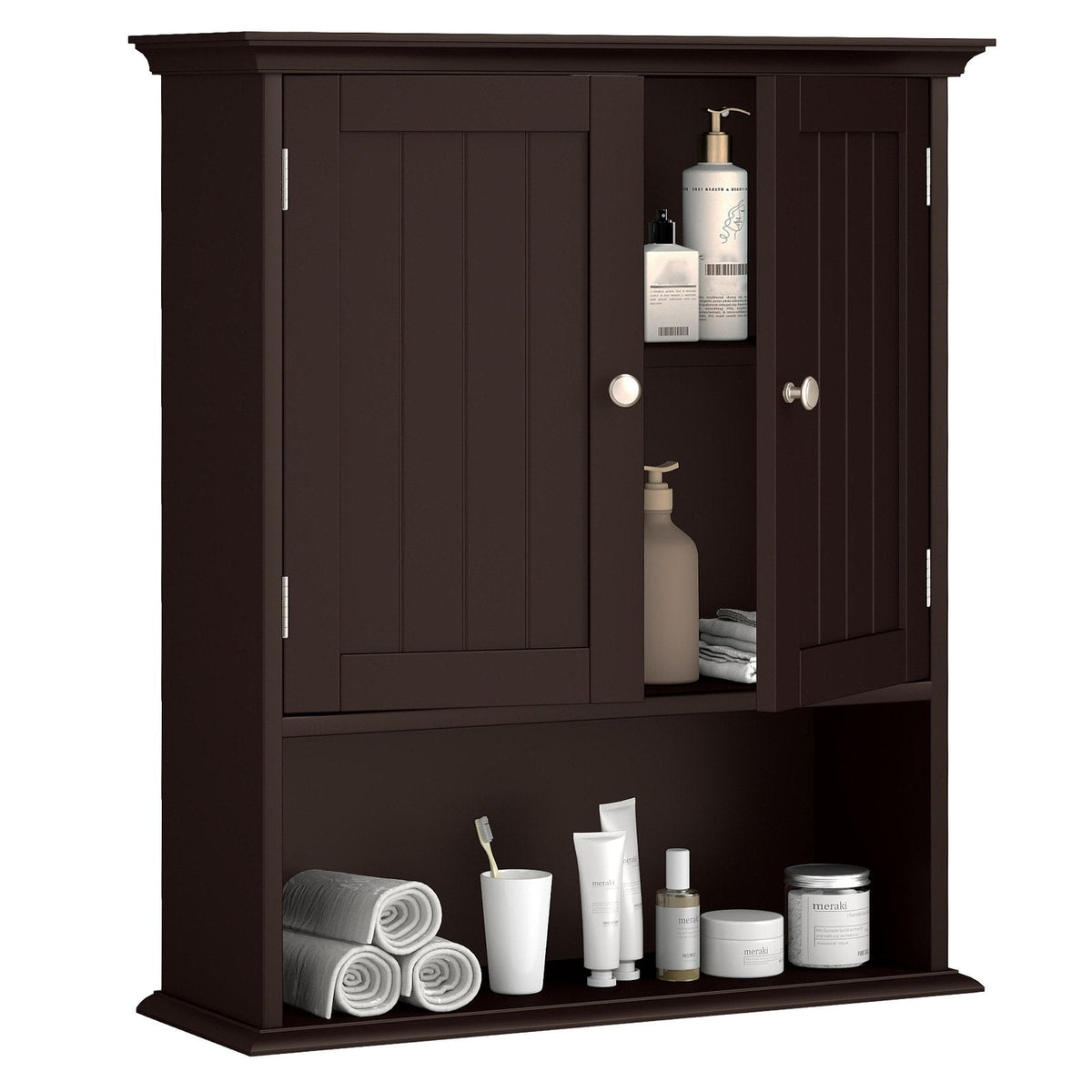 Wall Mount Bathroom Cabinet Storage Organizer with Doors and Shelves-Brown