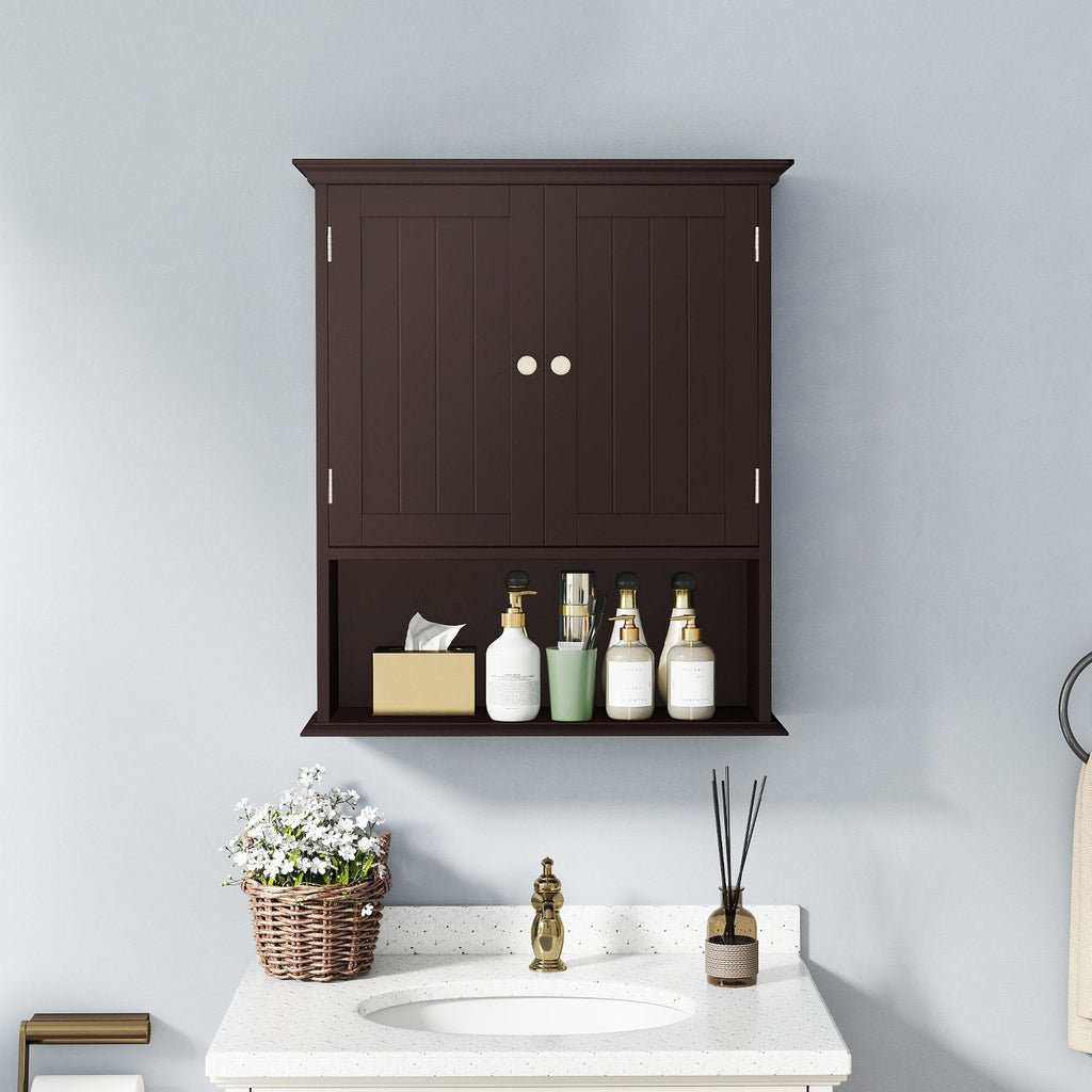Wall Mount Bathroom Cabinet Storage Organizer with Doors and Shelves-Brown